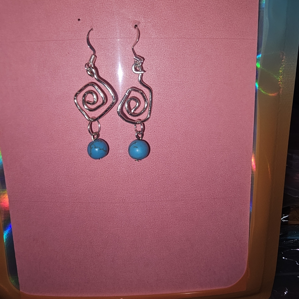 Silver Swirl Earrings with Turquoise Beads